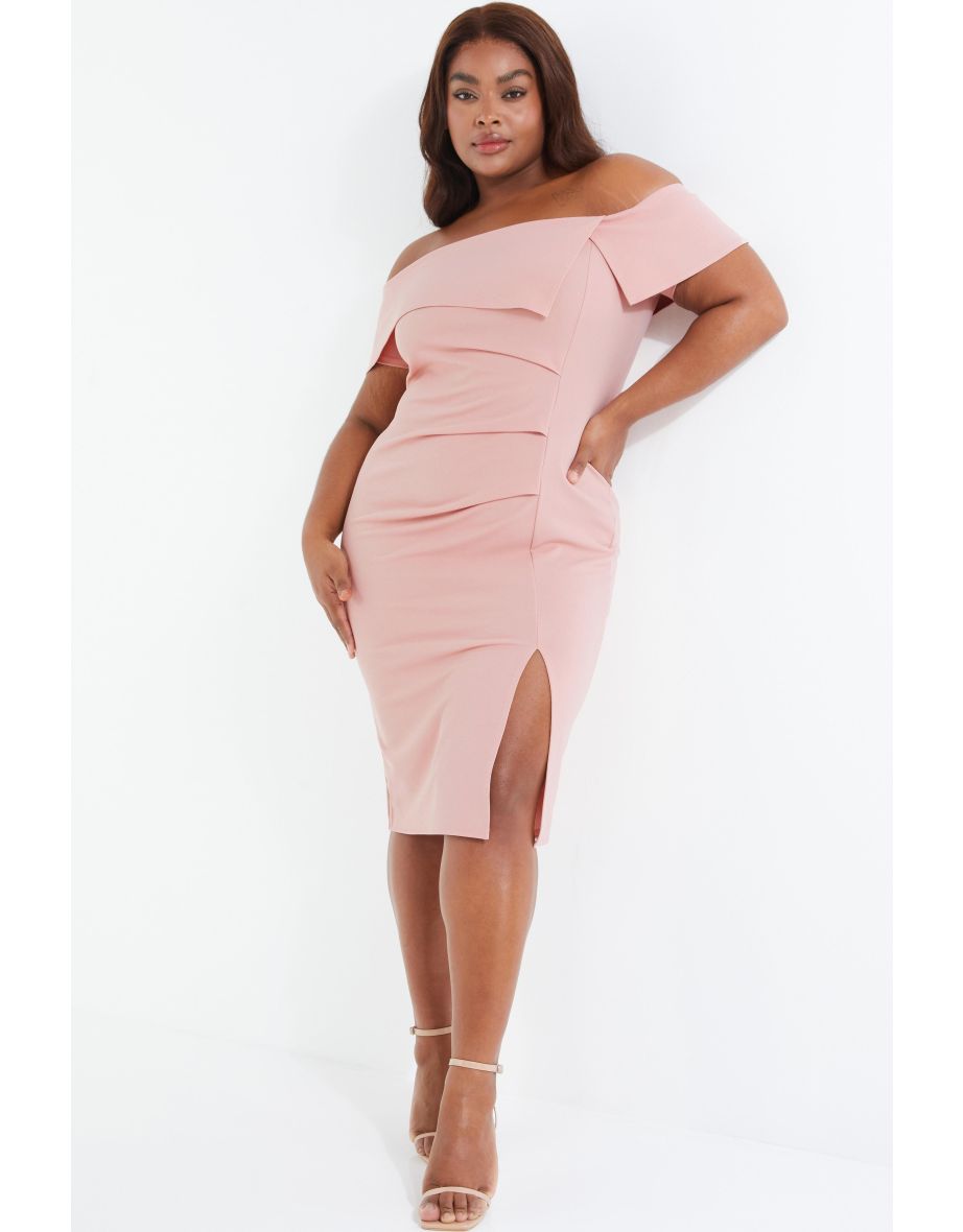 Curve Pink Ruched Bardot Midi Dress