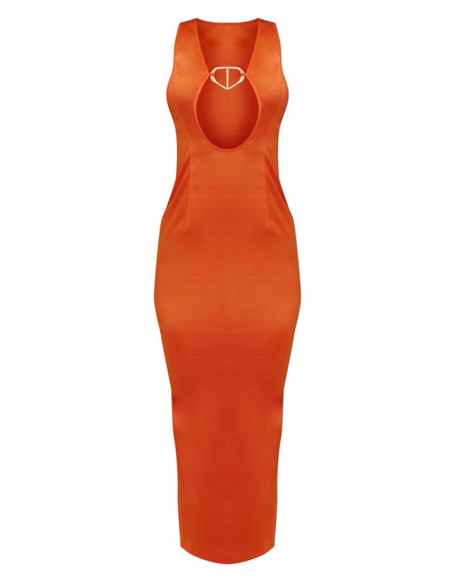 Tangerine Satin Plunge Trim Detail Strappy Midaxi Dress - 3