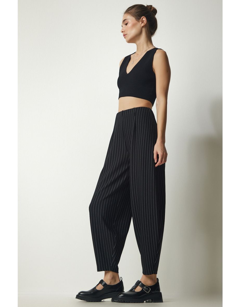 Women's Black Casual Striped Baggy Pants