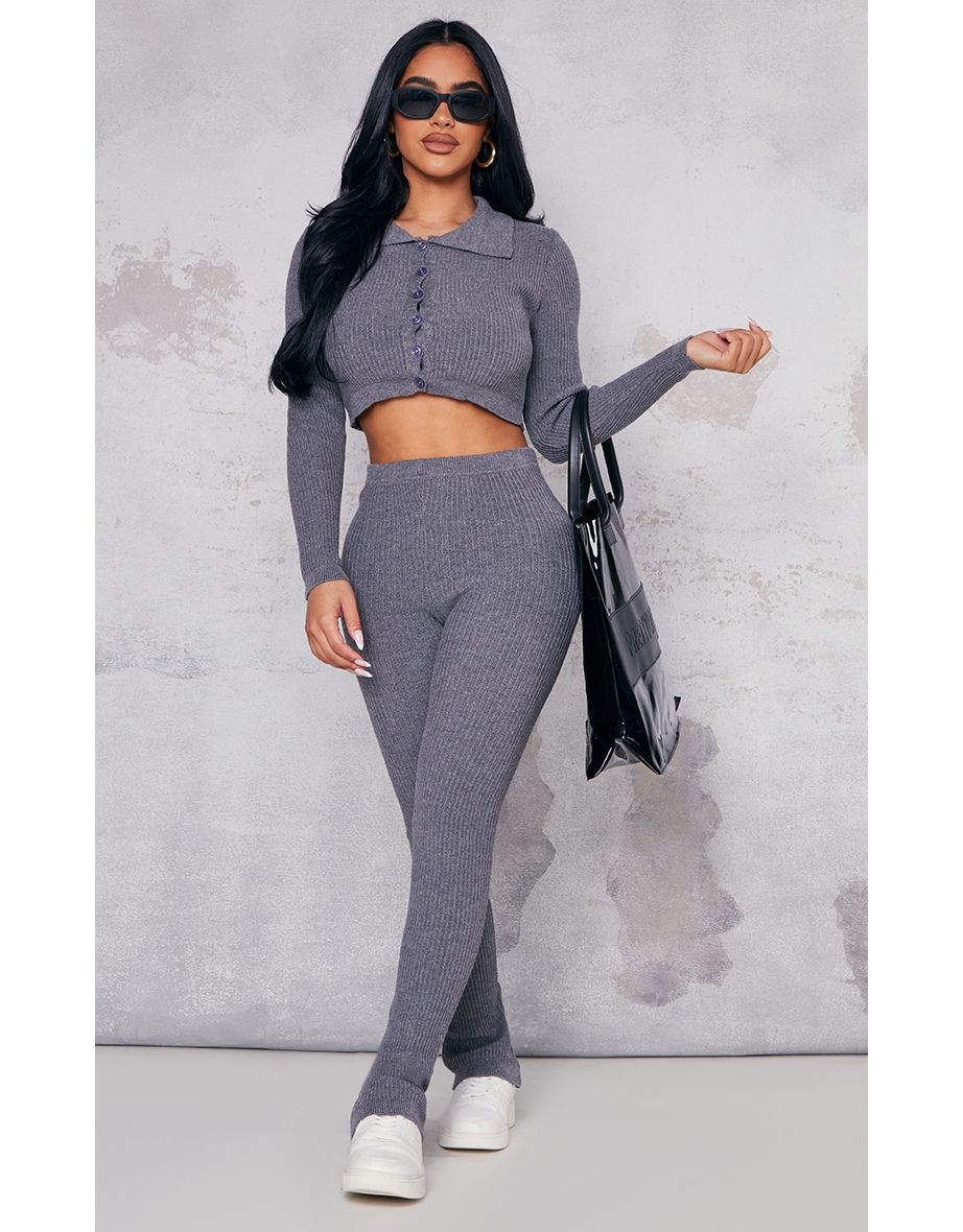 Petite Charcoal Knitted Rib High Waisted Skinny Flares