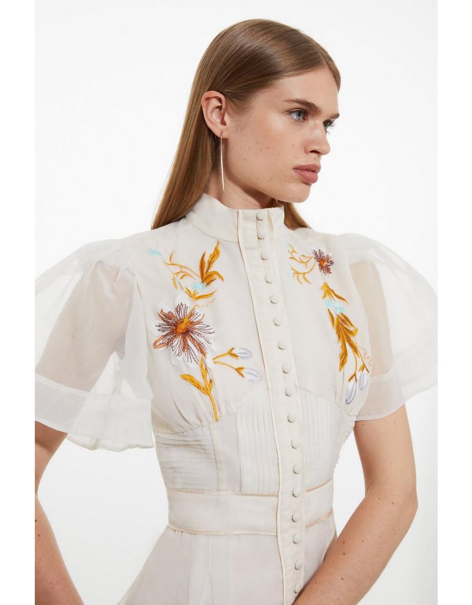 Shop Botanical Embroidery Organdie Angel Sleeve Dress Online