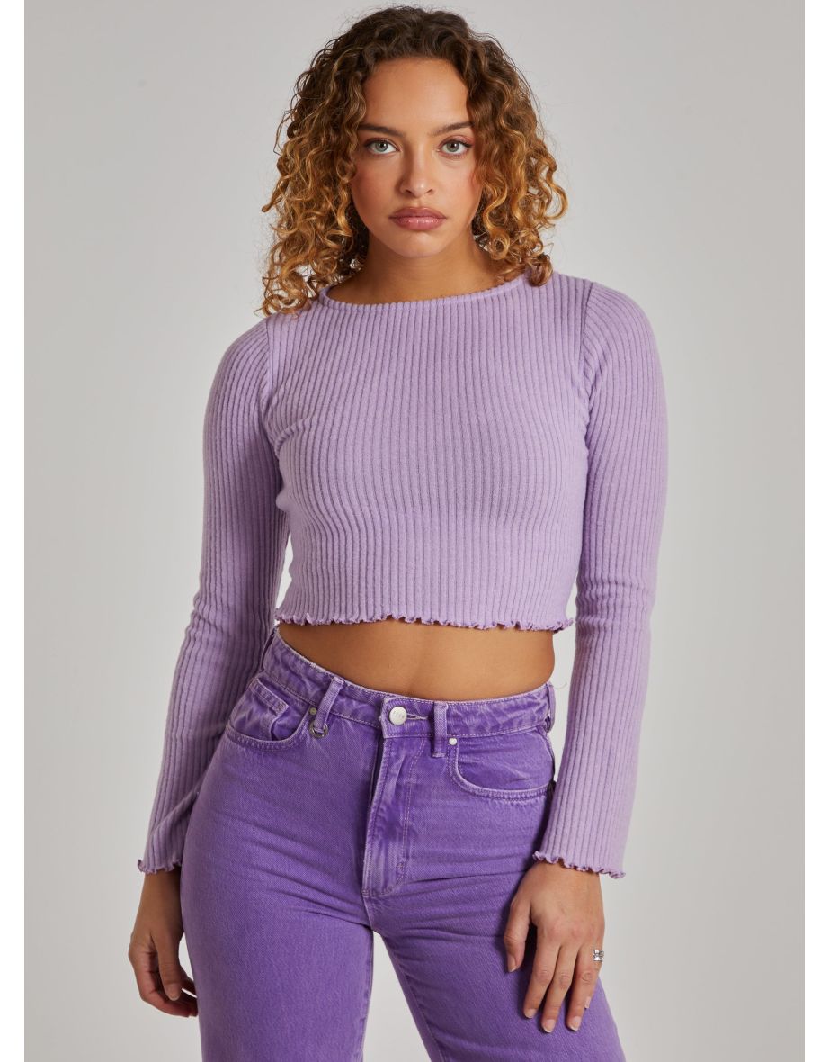 Soft Wide Brushed Ribbed Lettuce Hem Long Sleeve Top