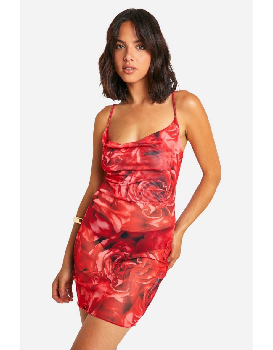 Cowl Neck Rose Print Mini Dress - red