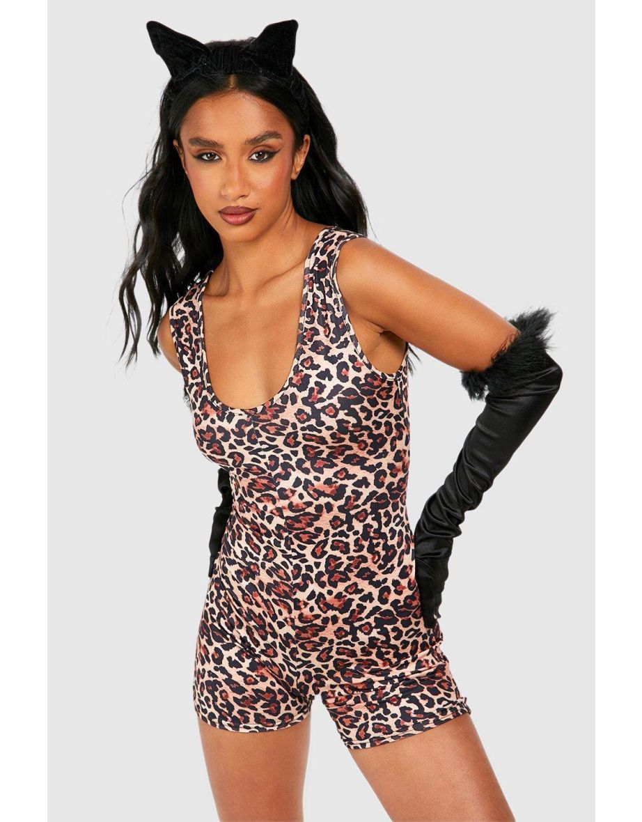 Petite Leopard Print Unitard - brown