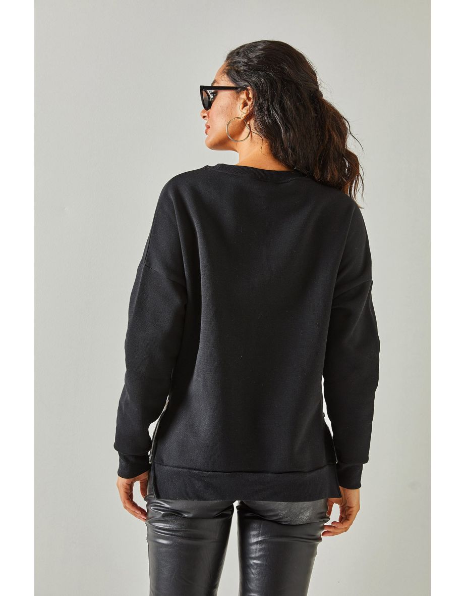 Women's Black Zipper Detail Inside Fleece Thick Sweatshirt - 7