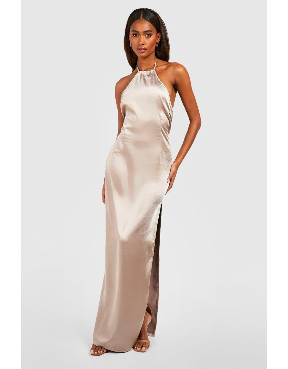 Shop Bridesmaid Satin Halterneck Maxi Dress bronze Online in Bahrain VogaCloset
