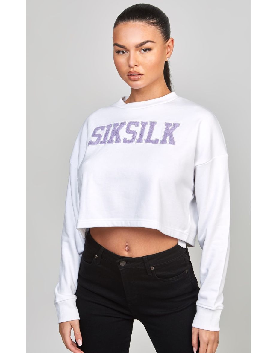 Women's SikSilk Cropped Varsity Sweatshirt in White - 5