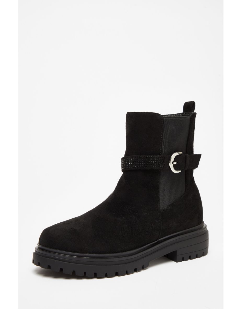 Black Diamante Chunky Buckle Boots