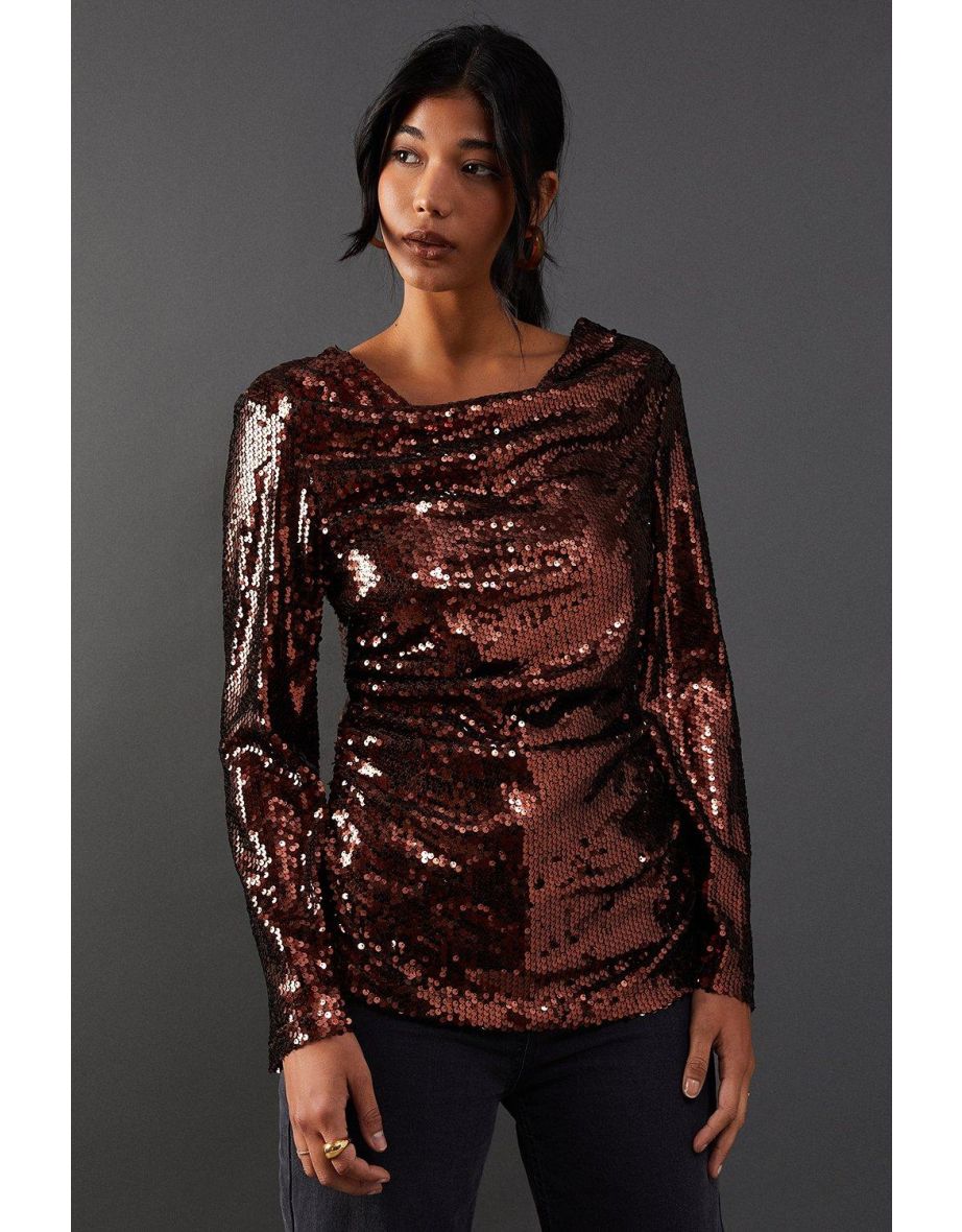 Sequin Cowl Neck Ruched Top - 3