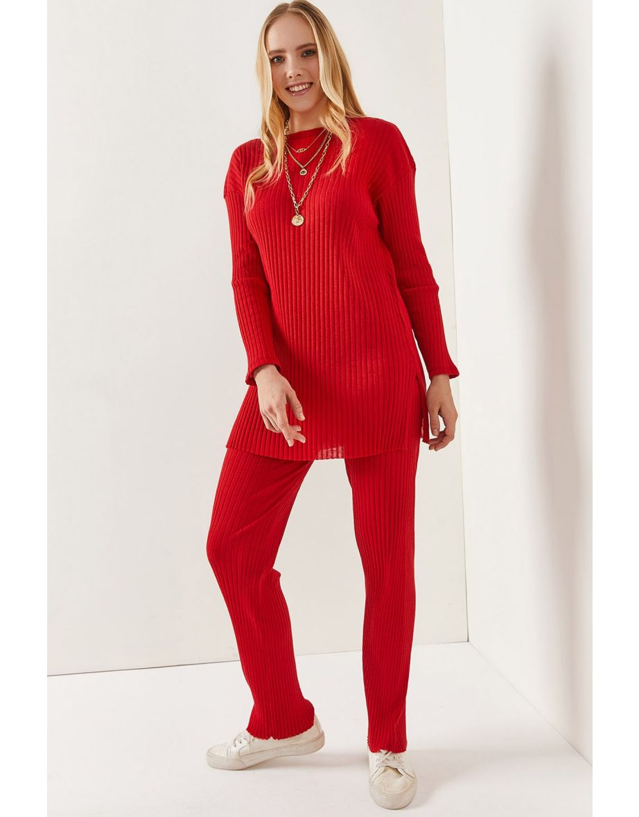 Women's Red Top Slit Blouse Bottom Palazzo Ribbed Suit