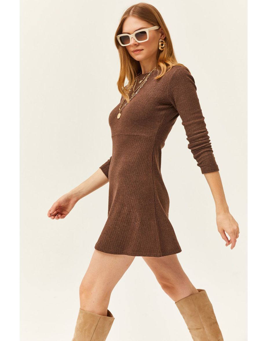 Women's Brown Crew Neck Skirt Flared Ribbed Dress