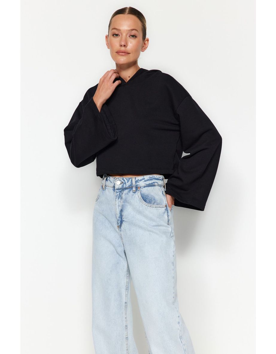 Black Thick Fleece Inside Relaxed Cut Crop Spanish Sleeve Hooded Knitted Sweatshirt