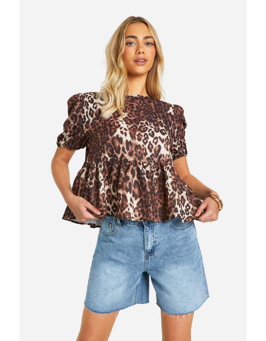 Leopard Puff Sleeve Tie Back Blouse