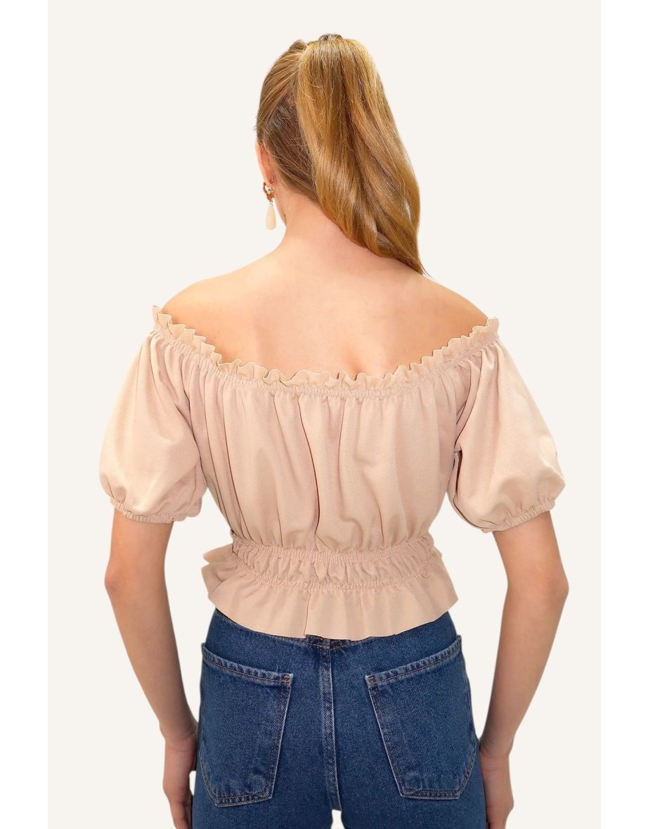 Women's Camel Madonna Collar Elastic Waist And Sleeves Gathered Front Crop Woven Blouse - 4