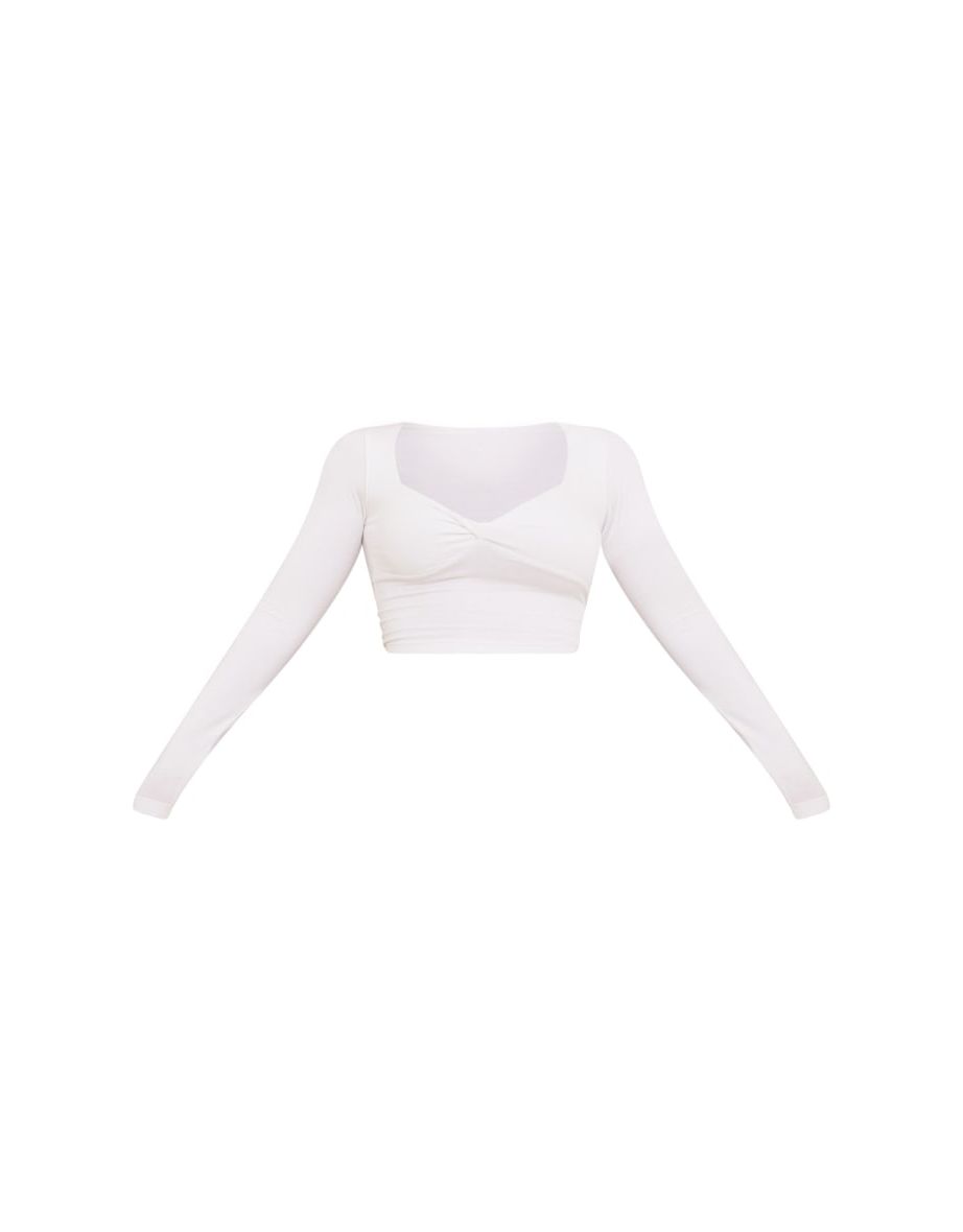 White Cotton Twist Front Long Sleeve Crop Top - 4