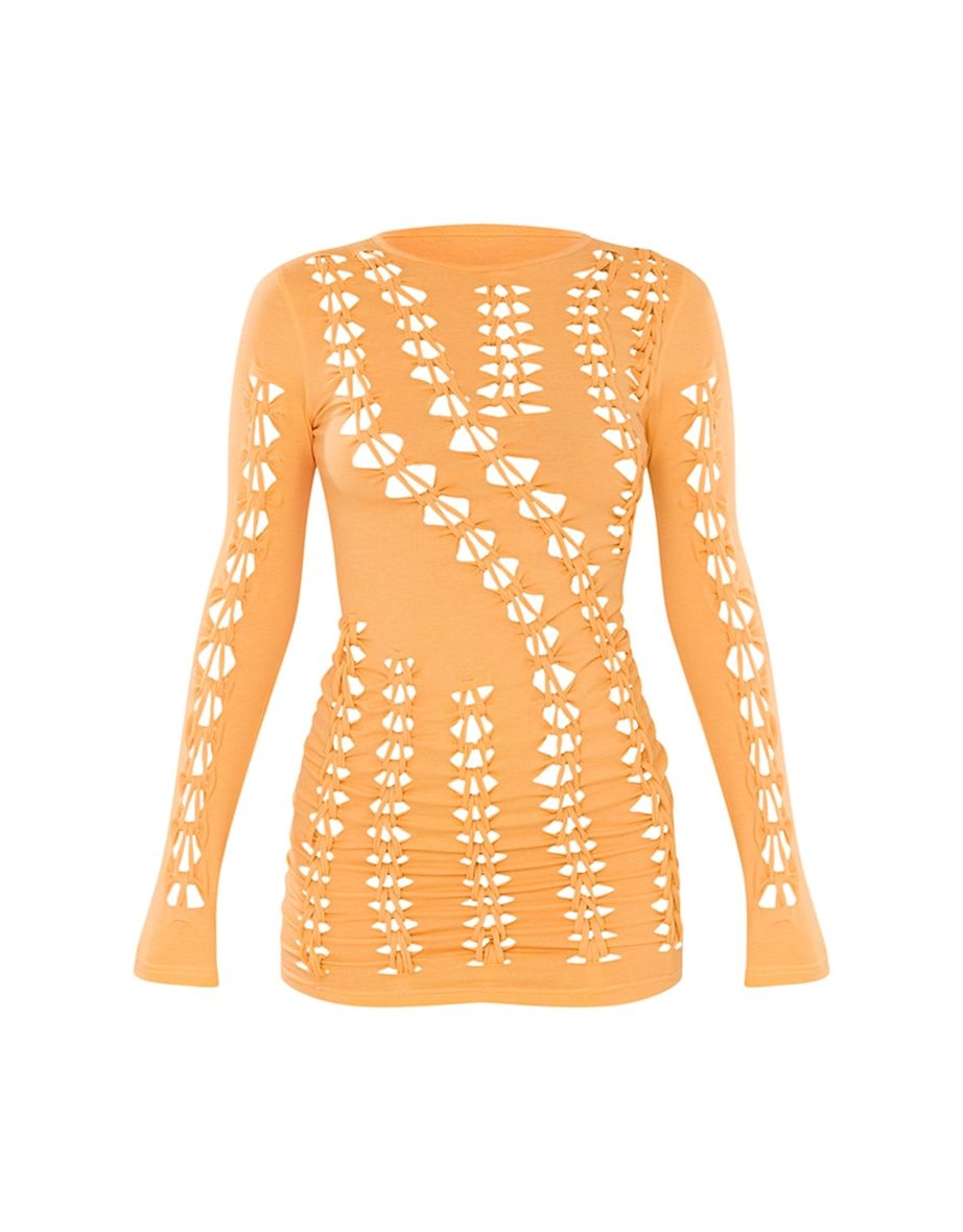 Orange Jersey Lattice Long Sleeve Bodycon Dress - 4