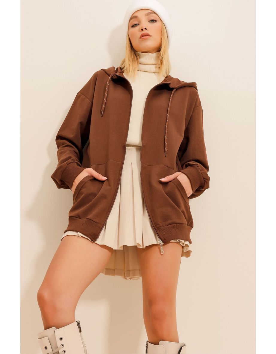 Women's Coffee Hooded Double Pocket Zipper Oversize Hoodie