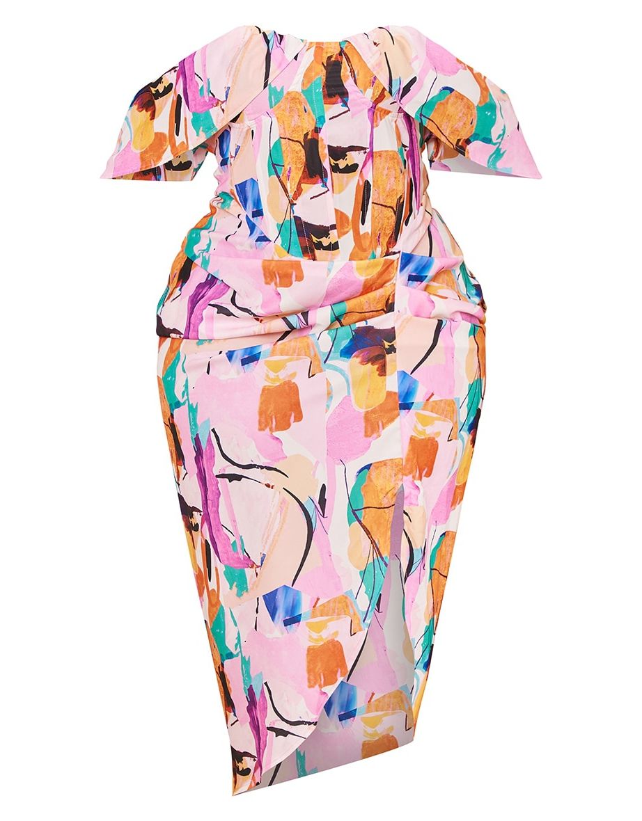 Plus Multi Bardot Ruched Side Midi Dress - 4