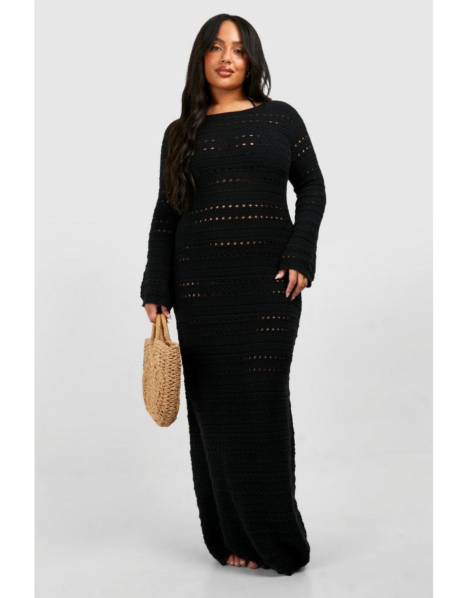 Plus Long Flared Sleeve Open Back Maxi Dress - black