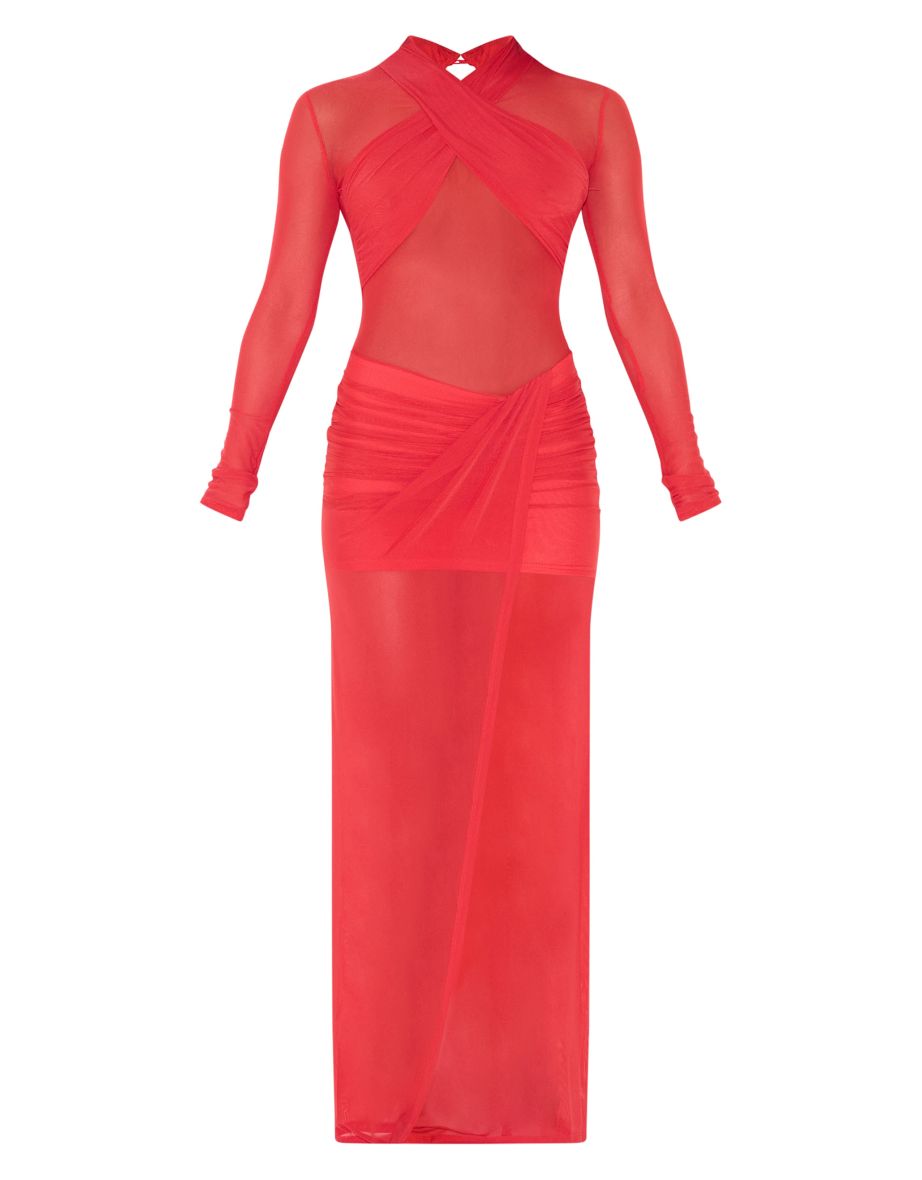 Red Mesh Crossover Bust Detail Ruched Skirt Maxi Dress - 4