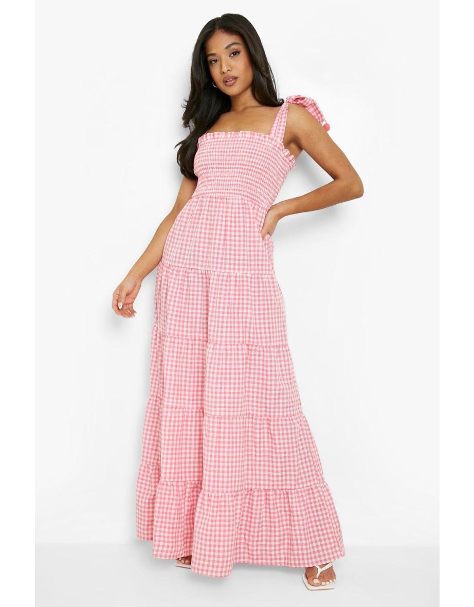 Shop Petite Gingham Pom Pom Shoulder Maxi Dress pink Online in Qatar VogaCloset