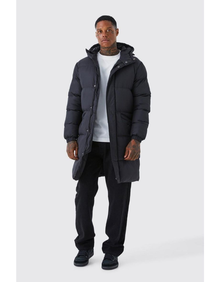 Mid Length Hooded Puffer coat in Black - black