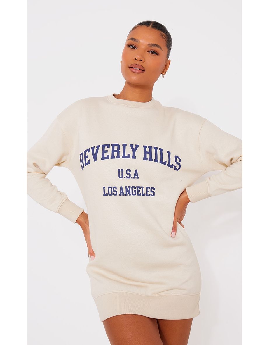 Shop Oatmeal Beverley Hills Slogan Jumper Dress Online in Oman VogaCloset
