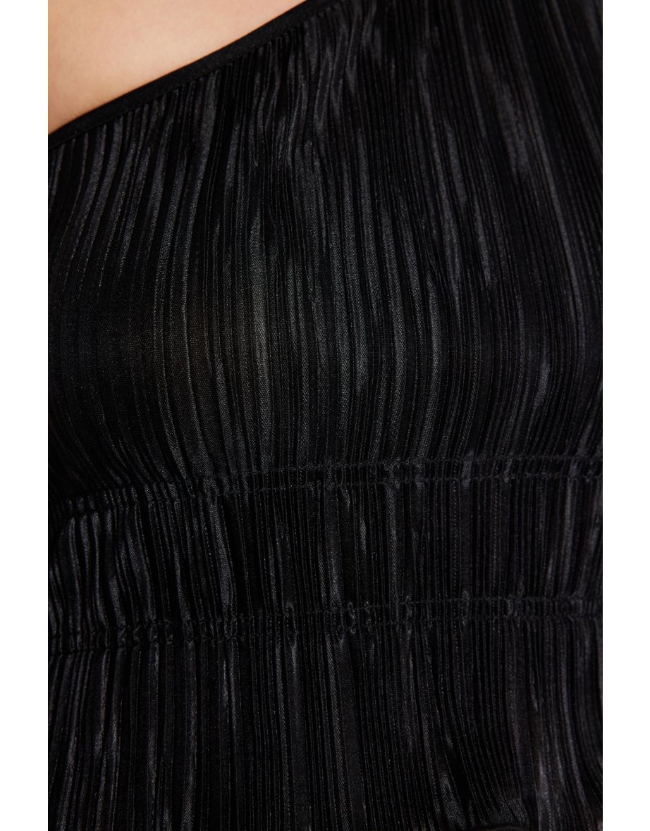 Black Single Sleeve Pleated Blouse - 7