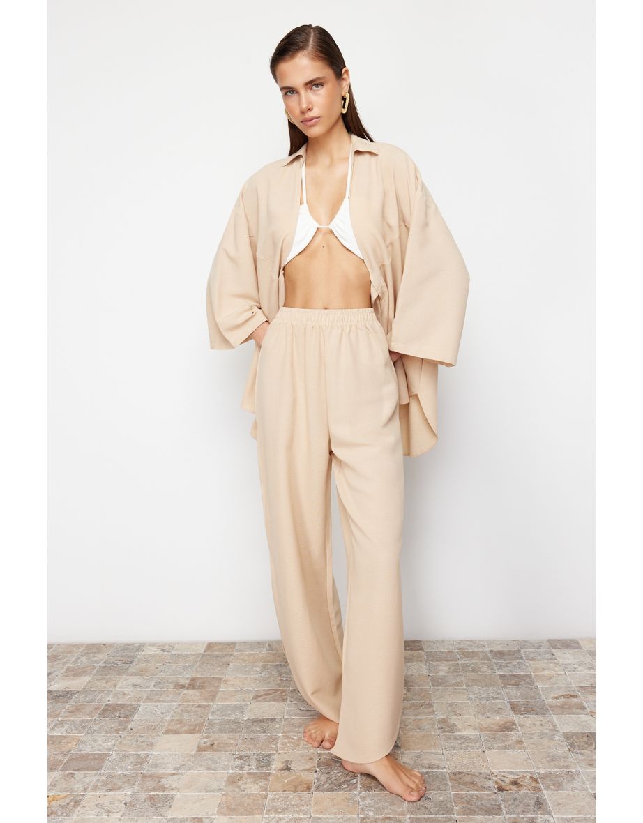 Khaki Woven Tied Linen blended Shirt Pants Set