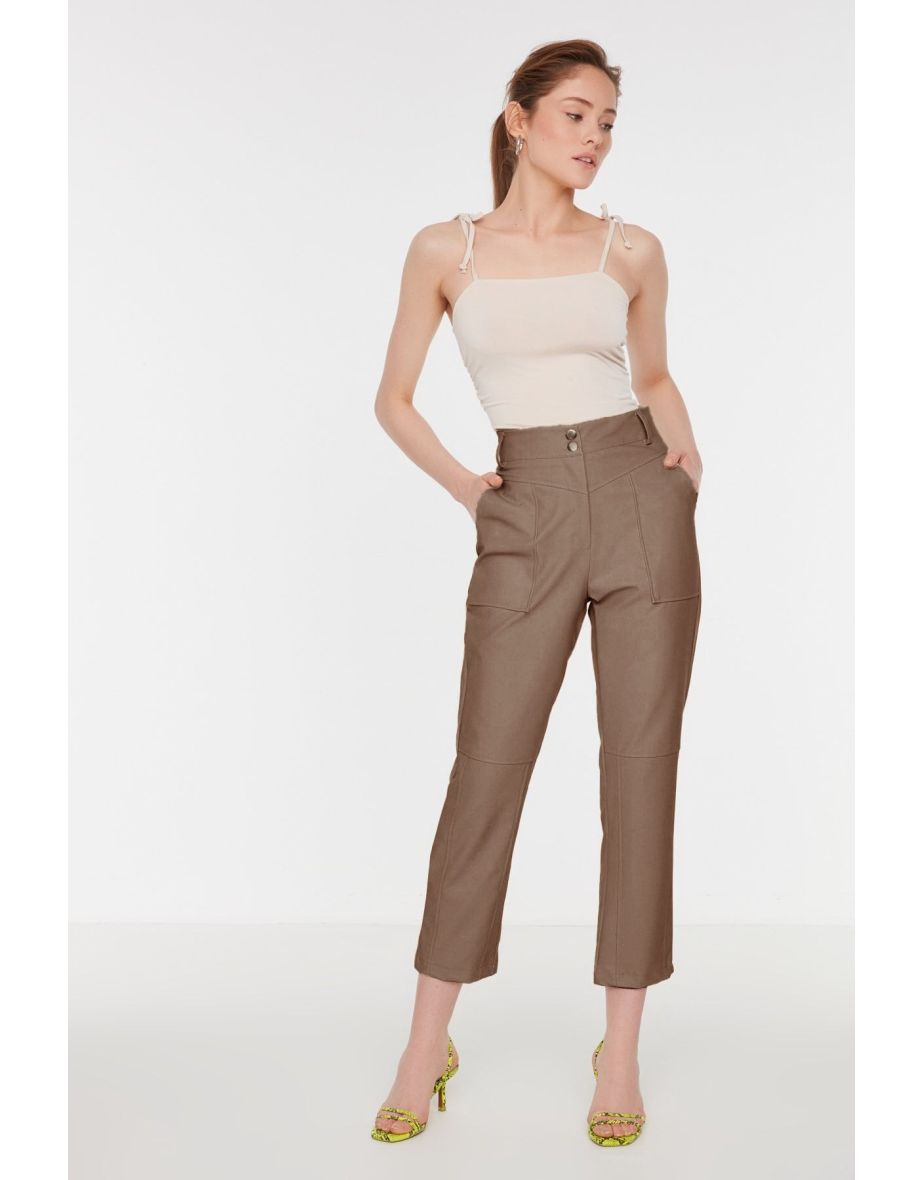 Light Brown Cigarette Woven Faux Leather Trousers