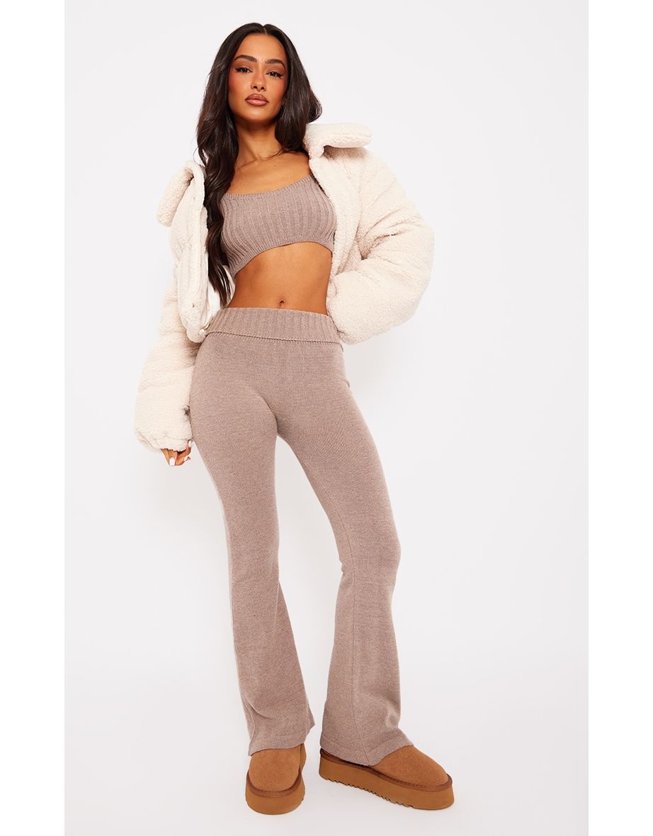 Petite Brown Knitted Fold Over Flared Trousers