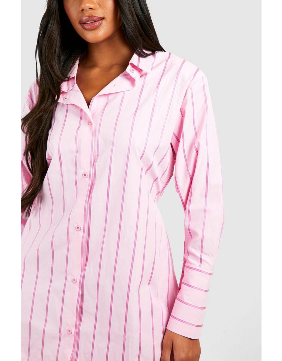 Striped Cinched Waist Shirt Dress - pink - 3