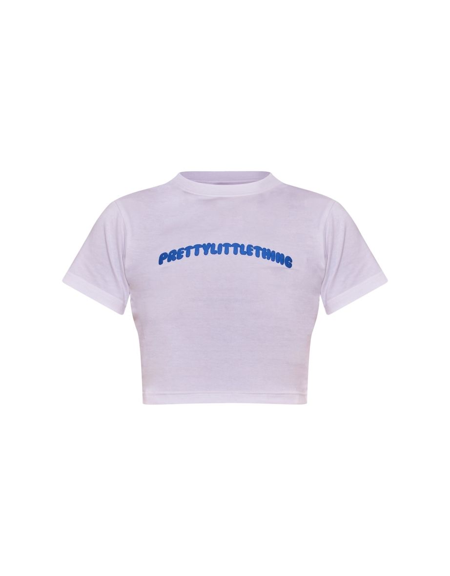 PRETTYLITTLETHING White Puff Printed Fitted Crop T Shirt - 4