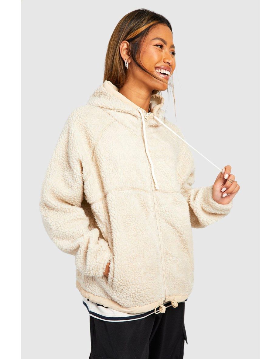 Shop Hooded Teddy Zip Detail Jacket cream Online in Bahrain VogaCloset
