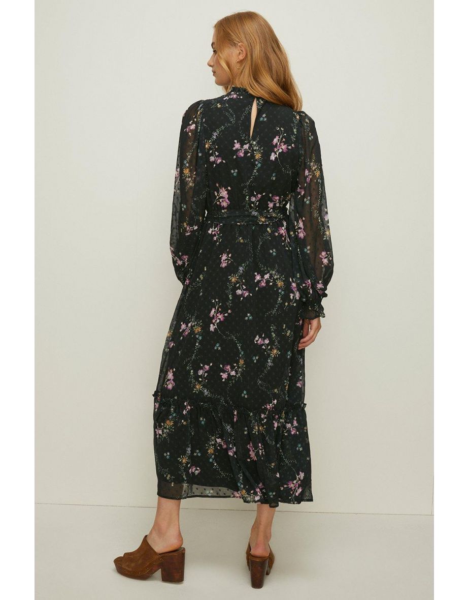 Black Floral Chiffon A-Line Midaxi Dress with Long Sleeve - 2
