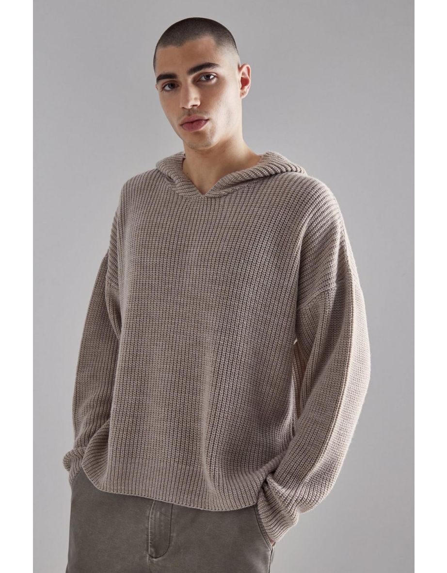 Boxy Knitted Ribbed Hoodie - stone