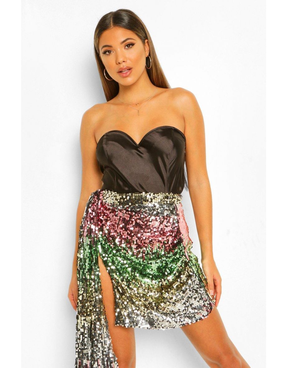 Shop Rainbow Sequin Ruched Drape Mini Skirt black Online in Oman VogaCloset