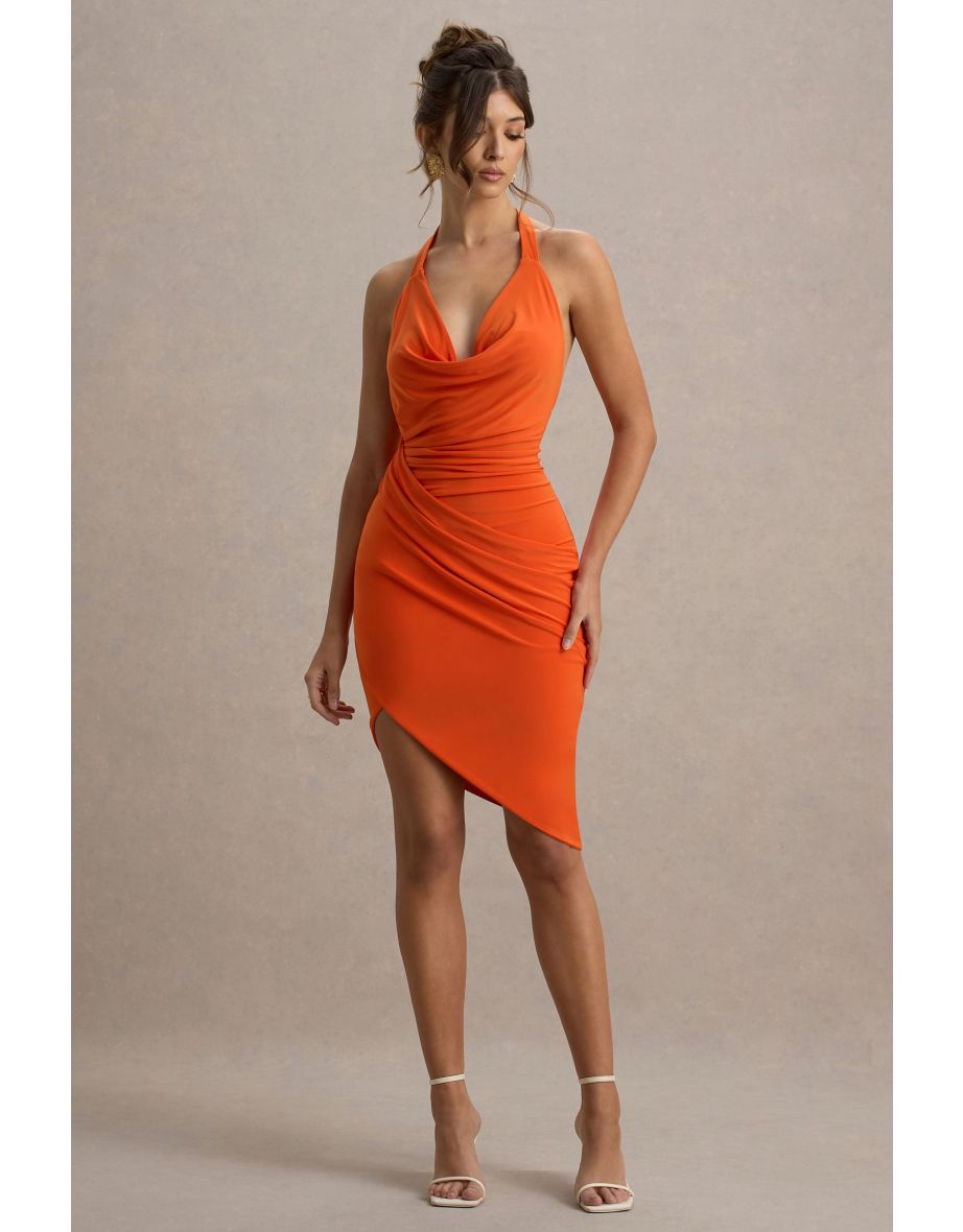 Vivia | Orange Plunge-Neck Ruched Mini Dress