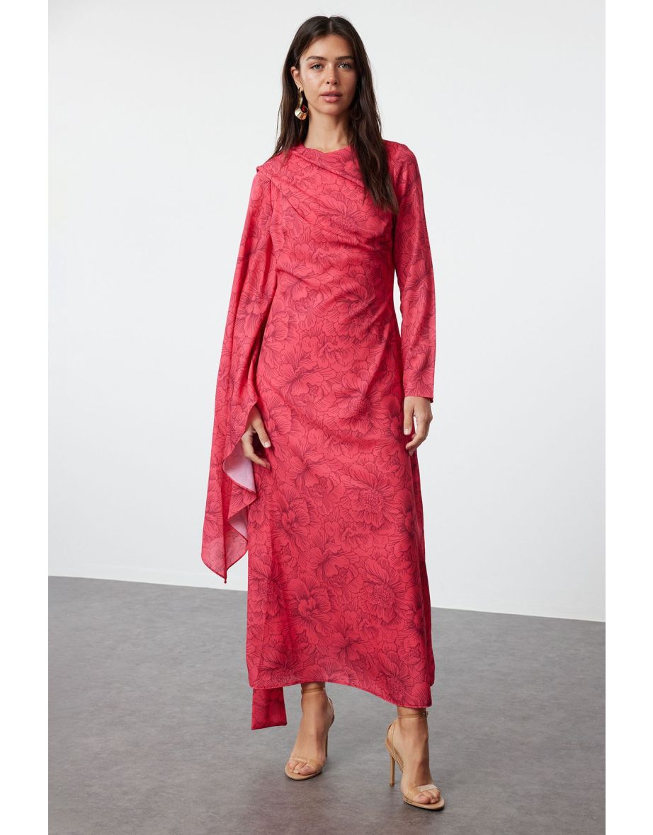 Pink Shawl Collar Floral Patterned Woven Evening Dress