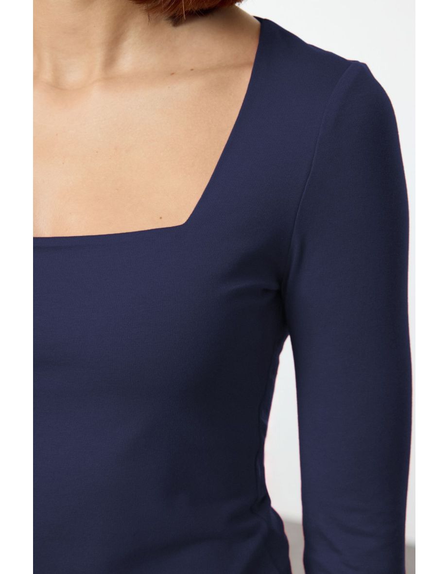 Navy Blue Cotton Square Collar Regular Fit Knitted Thin top - 4