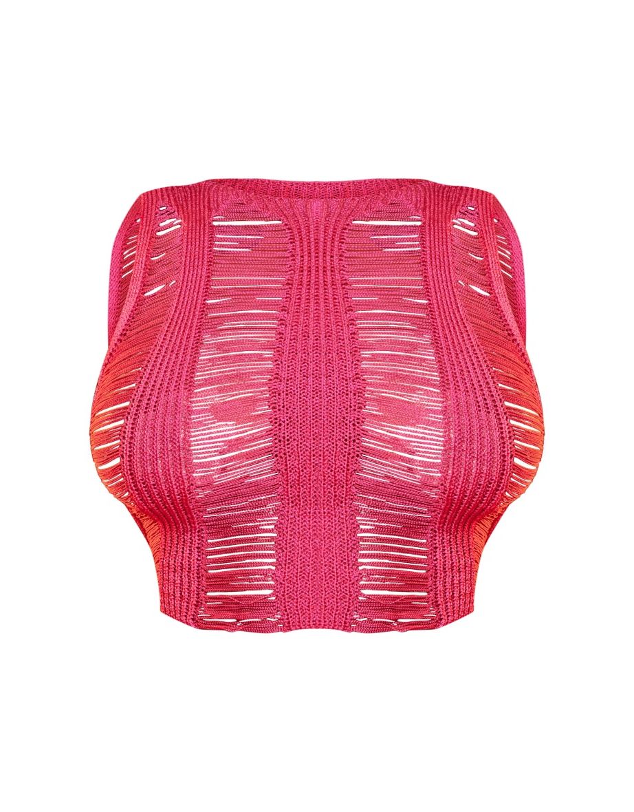 Shape Bright Pink Knit Ladder Racer Neck Longline Top - 4