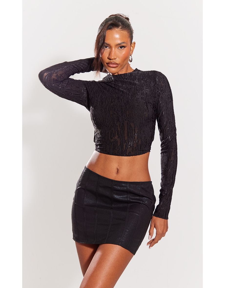 Black Textured Long Sleeve Open Back Crop Top