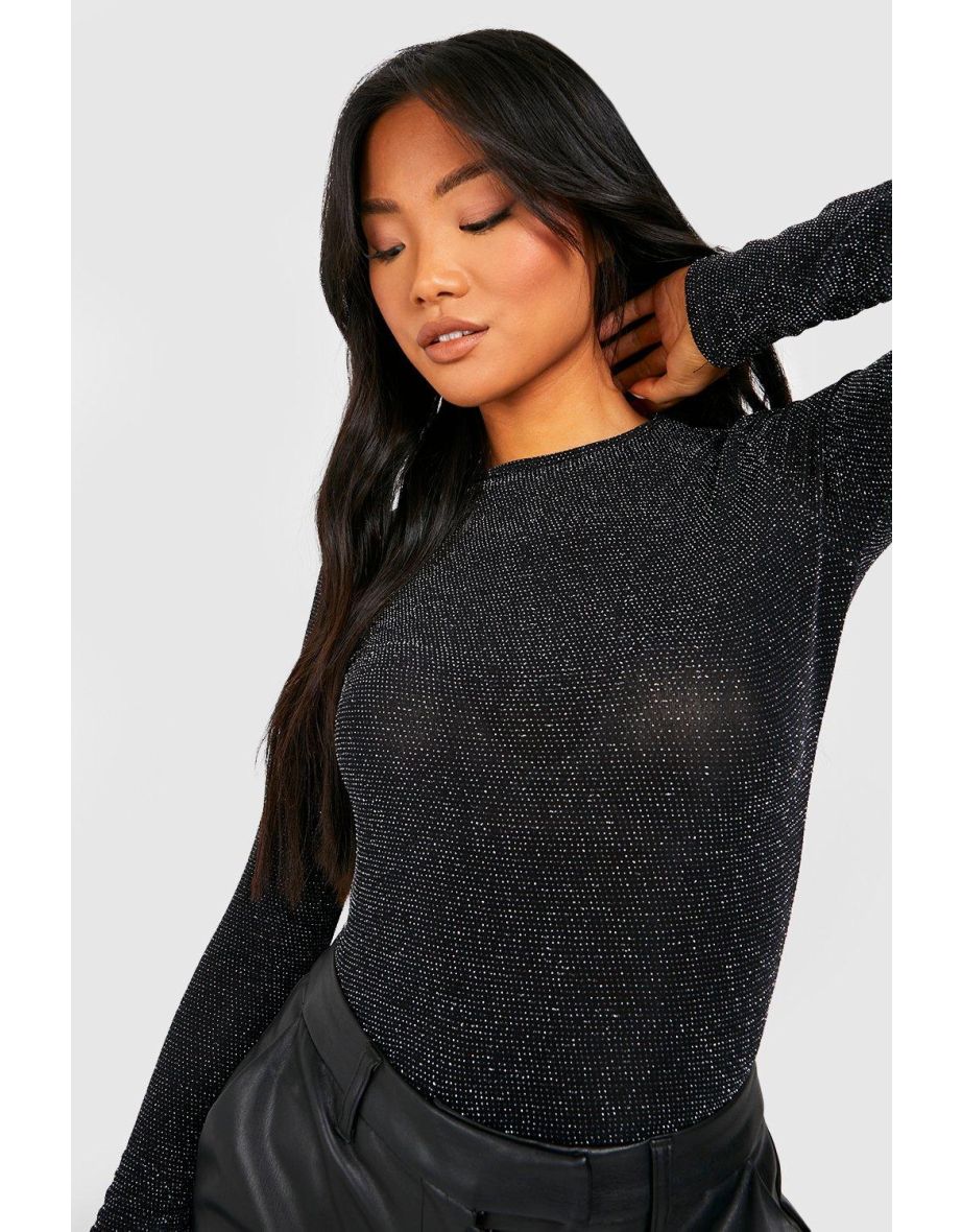 Petite Glitter Long Sleeve Top - black - 3
