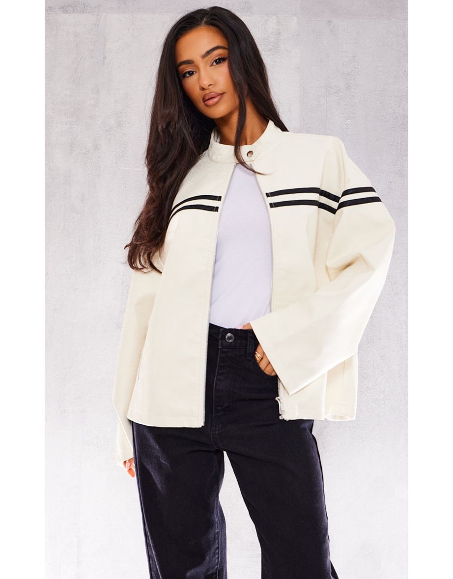 Shop Petite Cream Faux Leather Biker Jacket Online in Oman VogaCloset