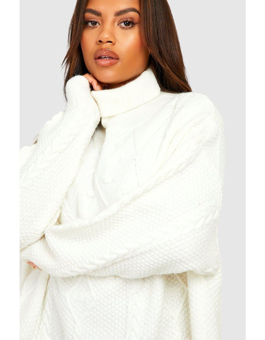 Plus Roll Neck Cable Knit Tassel Jumper Dress - cream - 3