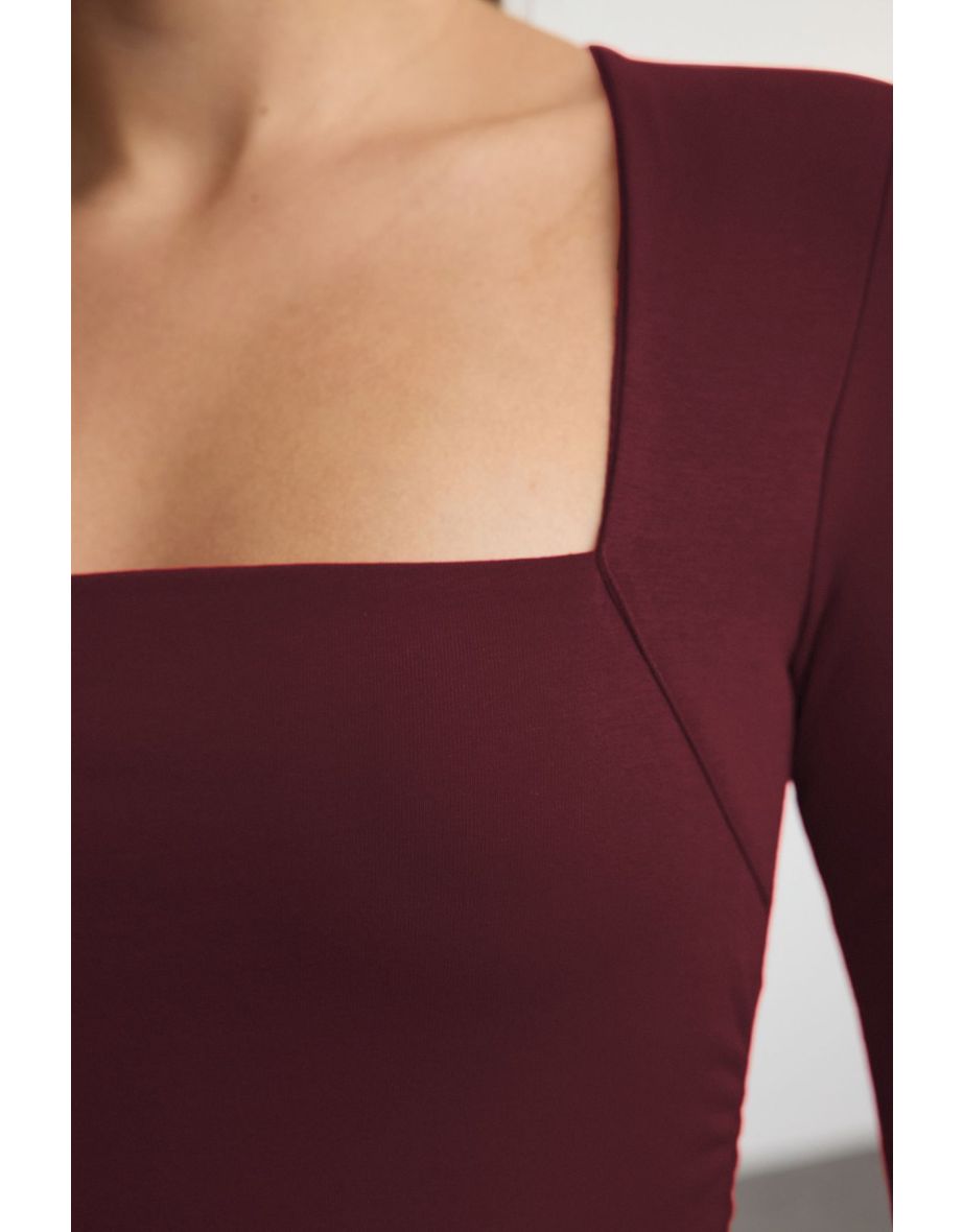 Dark Burgundy Square Neck Gathered/Drape Detailed Slim/Fits Body Knitted top - 3