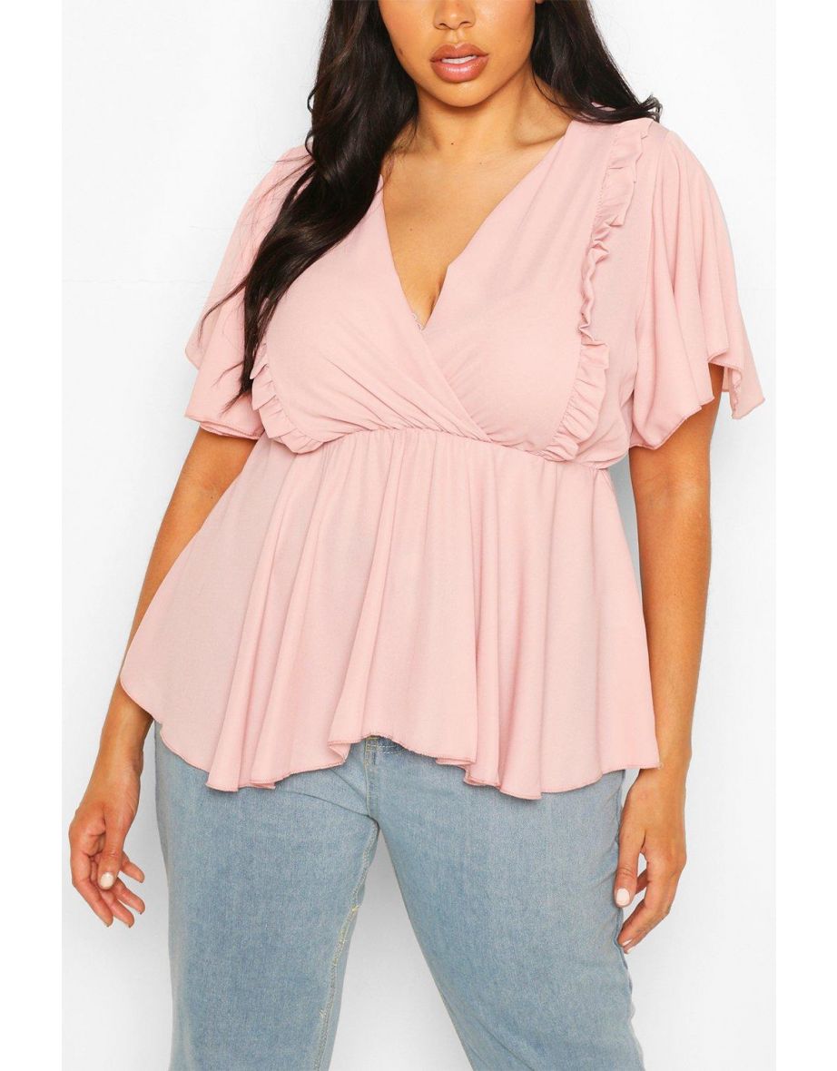 Plus Angel Sleeve Ruffle Peplum Top - blush