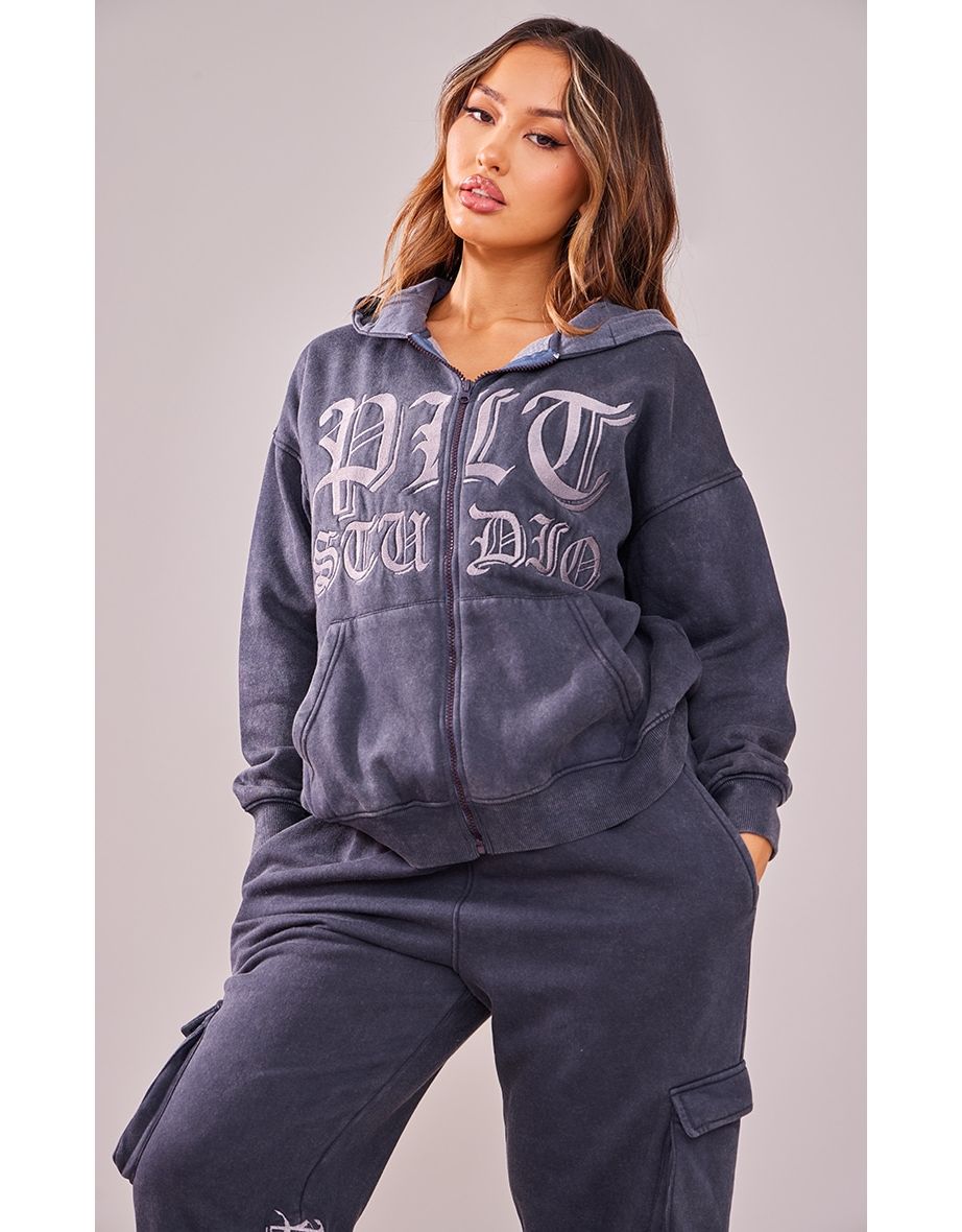 Shop Petite Charcoal Embroidered Slogan Zip up Hoodie Online in Iraq VogaCloset
