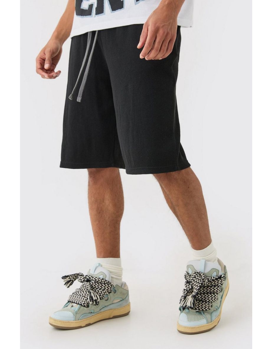 Oversized Long Length Heavyweight Waffle Shorts - black