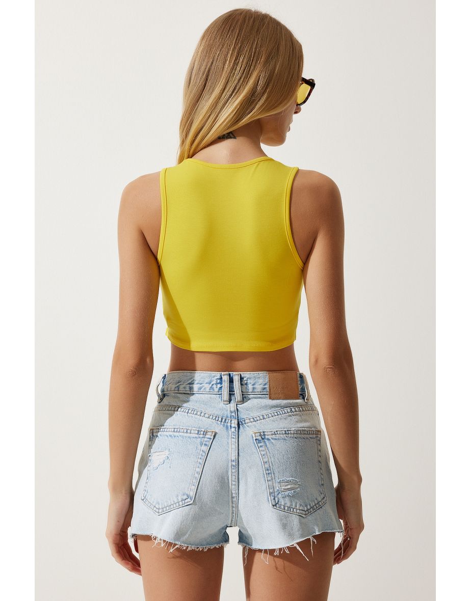 Women's Yellow Halter Neck Crop Knitted Blouse - 4